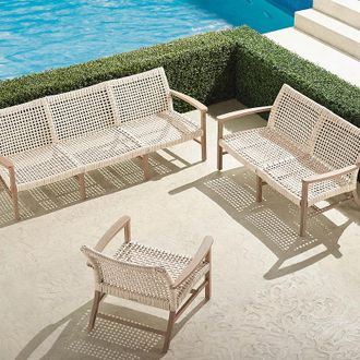 Frontgate Isola 3-pc. Sofa Set in Weathered Teak & Washed White Wicker - Sofa Set with Two Lounge Chairs - Frontgate