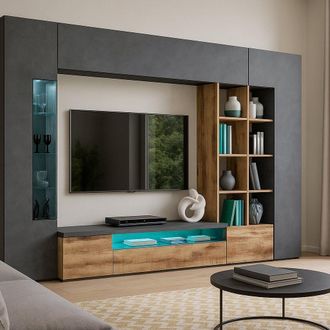 Dmora Pared Equipada Dlazzar, Conjunto De Sal&oacute;n Con Soporte Tv, Mueble Sal&oacute;n Polivalente Con Luz Led, 100% Made In Italy, Cm 290x40h192, Pizarra Y Arce - Dm