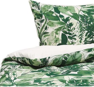 Beliani Conjunto De Fundas Y Almohada Algod&oacute;n Verde Y Blanco 155 X 220 Cm Estampado De Hojas Dormitorio Moderno Estilo Boho Greenwood