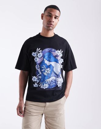 HUGO BOSS HUGO Red - Difluro - T-shirt oversize nera con stampa di logo e ritratto-Nero