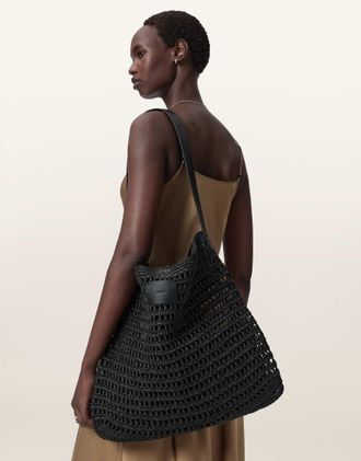 AllSaints Asha - Borsa da spalla in rete di paglia intrecciata nera-Nero