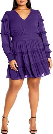 City Chic Daisy June Tiered Long Sleeve Dress in Purple at Nordstrom, Size Xl