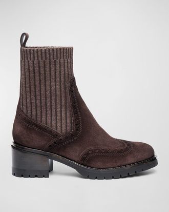 Santoni Ferret Brogue Suede Knit Booties