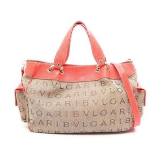 Bulgari Pre-owned Logo Mania Canvas Leather 2way Handbag - Dames - Pre-owned - Beige - Maat: ONE Size Leer