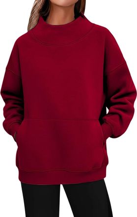 Generic Solid Color Side Pocket Casual Pullover Sweater Soft Comfortable Long Sleeve Crewneck For Everyday Wear (Red, L)