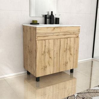 Aurlane Mueble de Baño 80cm 2 PuertasRoble Natural + Lavabo de cerámica Blanco - timber 80