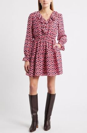 Caslon Ruffle Long Sleeve Tiered Minidress in Red- Pink Rae Geo at Nordstrom Rack, Size Xx-Small