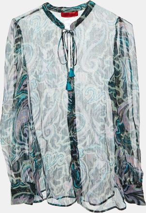 Max & Co. Green Printed Lurex Silk Tie-Up Neck Detail Blouse