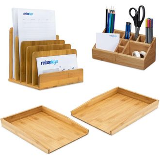 Relaxdays 4x Accessori, Set da Scrivania in Bamb&ugrave;, 2 Portadocumenti per A4, Portalettere, Portapenne, Organizer in Legno, Naturale