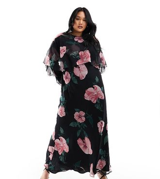 Asos Curve ASOS DESIGN Curve - Vestito lungo a maniche lunghe con volant, taglio sbieco e dettaglio a mantella nero con stampa a fiori-Multicolore