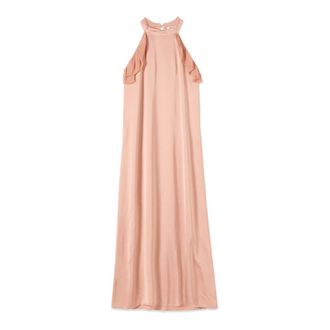 Oltre Lange Satin Jurk met Ruches - Dames - Feestkleedjes - Roze - M - Satijn - Kleedjes