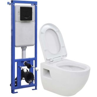 vidaXL Vidaxl - Inodoro De Pared Con Cisterna Alta Oculta De Cer&aacute;mica