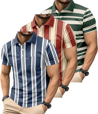 Generic 3 Pack Mens Fashion Color Block Polo Shirts Casual Short Sleeve T Shirt Striped Moisture Wicking Golf Shirts Tops (UK, Alpha, 4XL, Regular, Regular, 7