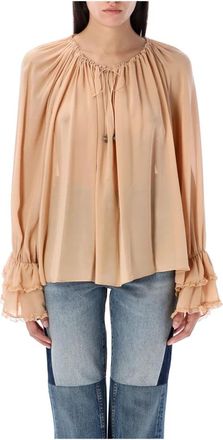 Chlo&eacute; Blouses, female, Beige, Size: S Silk V-Neck Frilled Cuffs Top