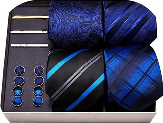 Barry.Wang 4 PCS Gift Tie Set Mens Silk Blue Necktie Pocket Square Cufflinks & Tie Clips Wedding Classic