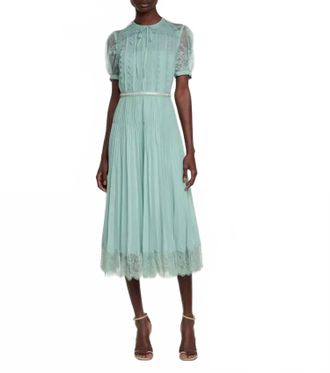 Self Portrait Lace-Trimmed Pleated Midi Dress In Aqua