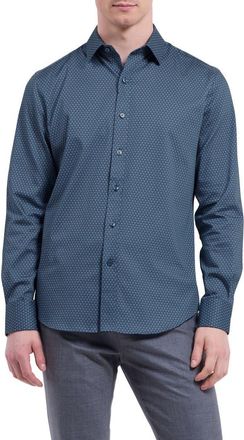 Bugatchi Julian Shaped Fit Shell Print Stretch Cotton Button-Up Shirt in Teal at Nordstrom, Size Xx-Large