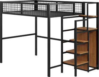STILVORA Cama Alta, Cama Doble Con Escalera Y Armario, 140&times;200 Cm, Sin Colch&oacute;n, En Metal, Negro