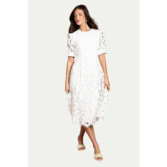 Coast Short Sleeve Lace Midi Dress in Ivory at Nordstrom, Size 10