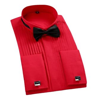Generic Dress Shirt Mens Tuxedo Formal Shirts with Red Black Bow Tie Party Dinner Wedding Bridegroom Tops