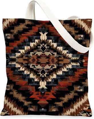 Generic Geometric Vintage Canvas Tote Bags, Bohemian Pattern Reusable Grocery Bags, Lightweight Washable Shoulder Strap Canvas for, Brown, 13x15 Inch