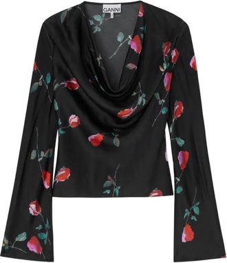 Ganni Printed Satin Blouse - Dames - Blouses - Zwart - S - Satijn - Overhemden
