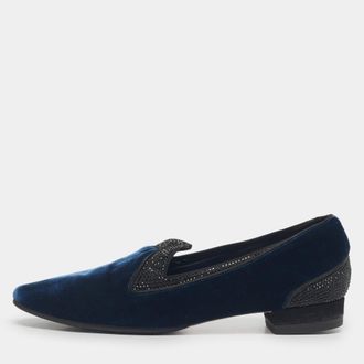 Rene Caovilla Ren&eacute; Caovilla Blue Velvet Crystal Embellished Smoking Slippers