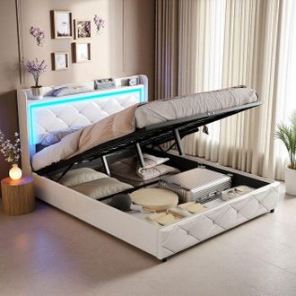 OEM Cama Hidr&aacute;ulica 140x200 Cm - Cama Cofre Adulto 2 Personas Con Led Rgb Y Carga Ue - Tejido De Lino Sint&eacute;tico - Almacenamiento Neum&aacute;tico Blanco