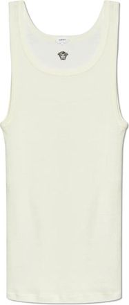 Versace Geborduurde Geribbelde Wollen Tanktop - Heren - Tops zonder mouwen - Beige - M - Wol - Tops