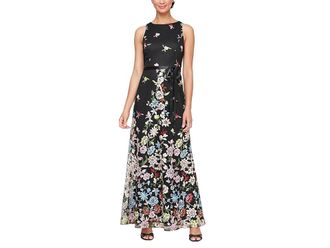 Alex Evenings Long Embroidered A-Line Dress with Satin Tie Belt Womens Dress Black Floral : 4, Polyester/Satin
