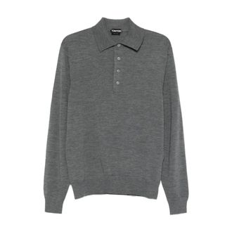 Tom Ford Tops, Heren, Grijs, M, Wol, Luxe Grijze T-shirt met Moeder van Parel Knopen