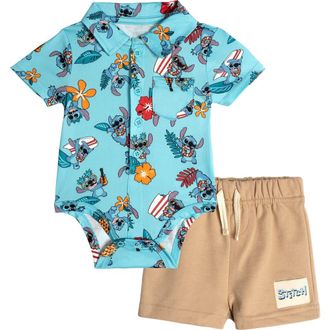 Disney Lilo & Stitch Baby Boys 2-Piece Bodysuit and Shorts Set in Blue Khaki Stitch at Nordstrom, Size 18M