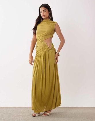 Asos Vestito lungo accollato in rete arricciata color oliva con finiture in metallo con filo-Verde