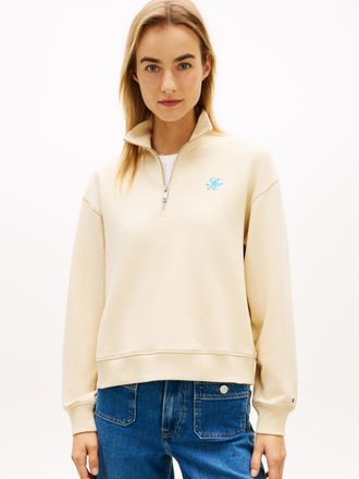 Tommy Hilfiger Sweatshirt TOMMY HILFIGER TH SCRIPT REG HALF-ZIP, Damen, Gr. L (42/44), country ivory, Sweatware, Obermaterial: 83% Baumwolle, 13% Polyester, 4% Elast