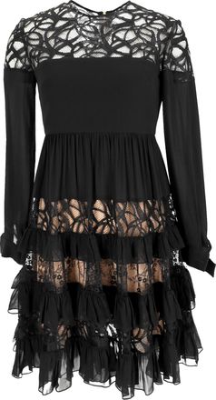 Elie Saab mini-jurk met lange mouwen en kanten details, in gelaagde stijl, uitgevoerd in zwart polyamide