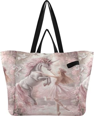 Generic Pink Unicorn Ballet print Reusable Canvas Tote Bag, Heavy Duty Grocery Shopping Bag with Hard Bottom Large Capacity Double Handles Work Groceries Trav