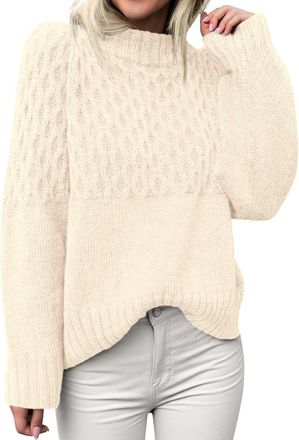 Generic Womens Mock Neck Cable Knit Jumper Long Puff Sleeve Loose Fit Pullover Sweater Warm Acrylic Autumn Winter Casual Top (UK, Alpha, XXL, Regular, Regular