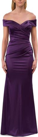 La Femme Off the Shoulder Stretch Satin Evening Dress in Eggplant at Nordstrom, Size 16