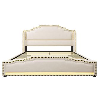 Urban Meuble Cama king tapizada en beige con iluminaci&oacute;n led y subt&iacute;tulos royal