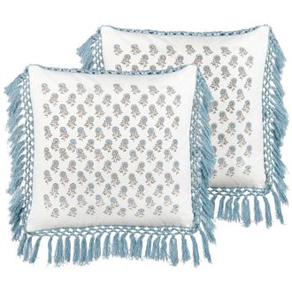 Beliani Conjunto De 2 Cojines De Algod&oacute;n Blanco Azul Gris 45 X 45 Cm Floral Flecos Pallida