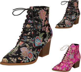 Generic Womens Lace Up Boots Vintage Floral Embroidered Short Boots Pointed Toe Chunky Block Heel Cowboy Boot Winter Stylish Casual Ankle Booties Black