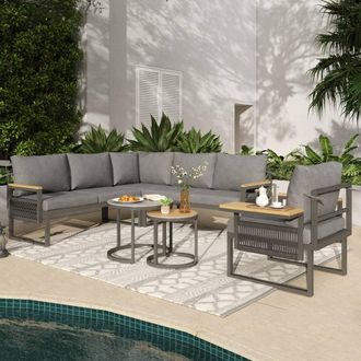 Matteo 5-6 Seater Rope Woven Outdoor Corner Sofa Set with Glass Tables, Grey