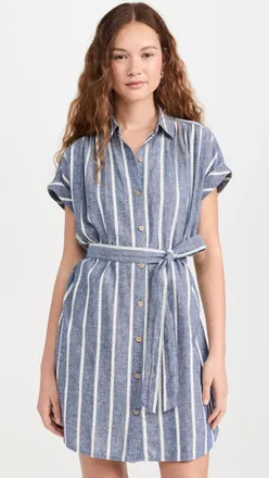 Faherty Breeze Shirt Dress Blue Stripe Short Sleeve Tie Waist DDR2724
