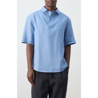 Mango Solid Slub Linen Polo in China Blue at Nordstrom, Size Medium