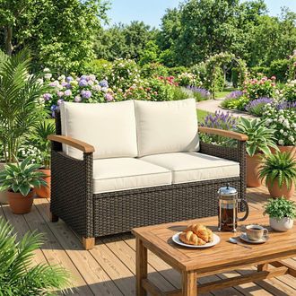 OUTSUNNY 2 Seater Rattan Garden Sofa with Acacia Wood Armrests in Brown