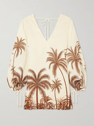 Andres Otalora Abito Mini In Lino Stampato Y El Mar - Marrone