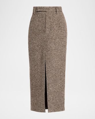 Brunello Cucinelli Diagonal Wool Tweed Midi Sartorial Pencil Skirt