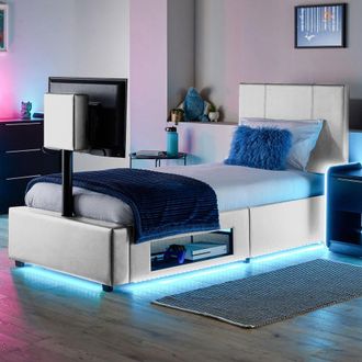 X Rocker AVA Upholstered TV Bed with Underbed Storage & LED Lights in White | Size: Double