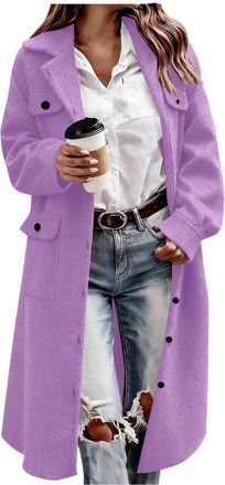 Generic Womens Long Overcoats Ladies Wool Blend Coats Elegant Notched Lapel Trench Coat Solid Color Button Closure Mid Length Jackets with Pockets Casual Wome