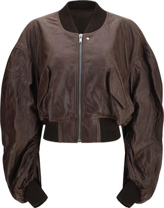 Rick Owens Womens Bomber Jacket Cropped Leather Brown Calf Puffer